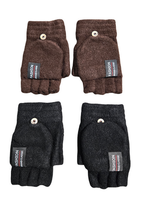 2-Pair Women's Convertible Fingerless Knit Gloves & Mittens Set - Black & Brown