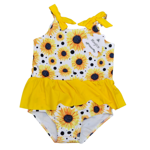 NWT | Sunflower Print Ruffle Peplum One Piece Baby Toddler Bathing Suit | Size 3