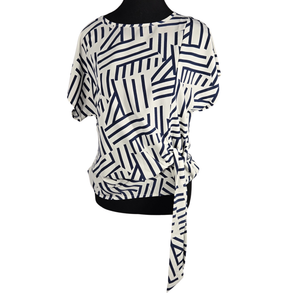 NWOT | White Navy Blue Print Dolman Sleeve Side Tie Blouse | Medium