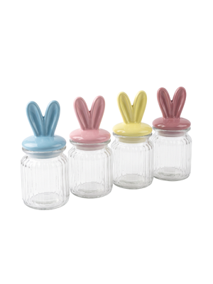 Set of 4 Easter Bunny Ear Glass Storage Jars Pastel Lids Spring Decor