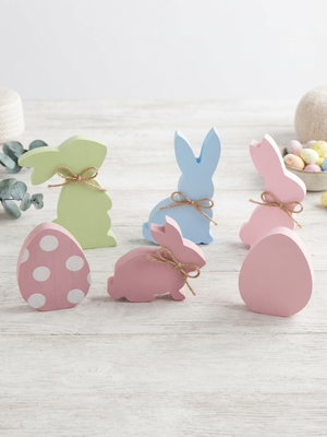 6-Pack Wooden Easter Decorations 6" Bunny & Egg Tabletop Figurine Set