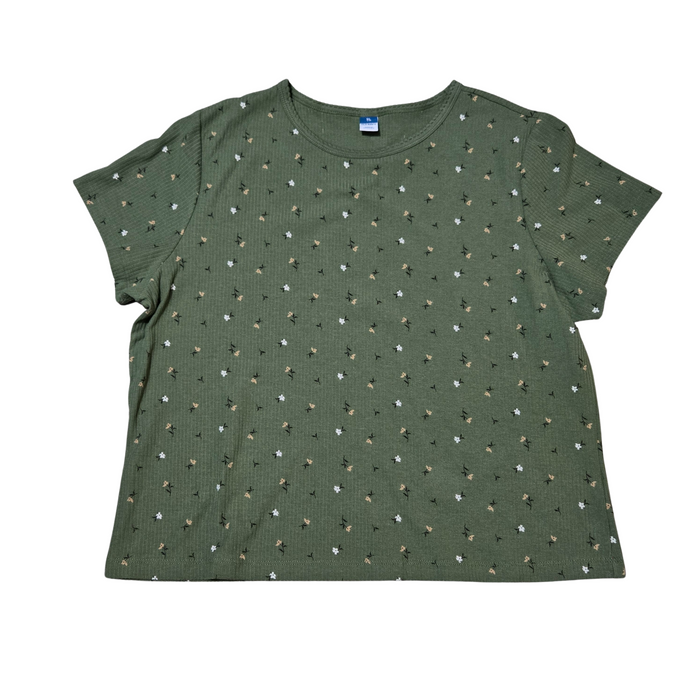 Women's Green Cropped Floral Print Knit Top - XL