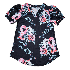 Women's Dark Blue Floral V Neck Top - M