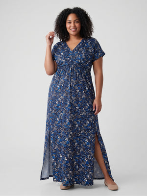 Royal Blue Ditsy Floral V-Neck Empire Waist Short Sleeve Maxi Dress with Pockets Size 24