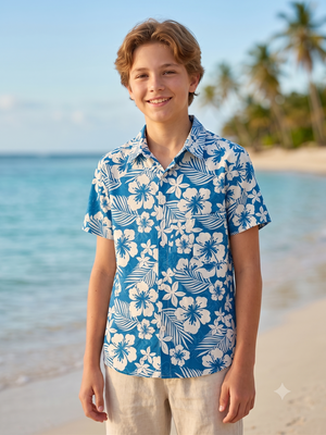 NWOT | Yimoon Youth Blue & White Hawaiian Floral Short Sleeve Button Up Shirt | 12-13Y