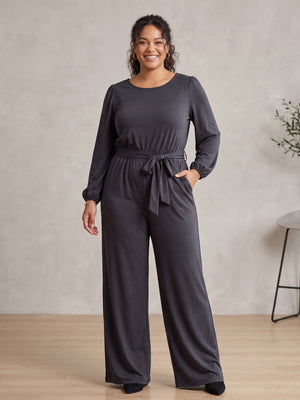 Black Long Sleeve Tie Belted Wide Leg Palazzo Keyhole Back Stretch Jumpsuit Large