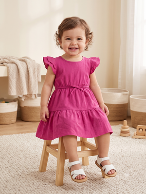 NWT | Arshiner Toddler Girls Hot Pink Ruffle Sleeve Tiered Cotton Dress | 12-18M