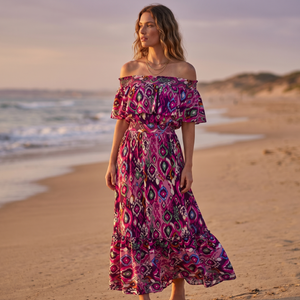NWT | Prettywear Women's Off-Shoulder Ikat Print Maxi Dress | Artistic Tiered Ruffle Silhouette | Magenta & Purple | XS
