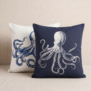 New | Nautical Coastal Octopus Throw Pillow Covers 2-Pack | Blue & White | 18"x18"