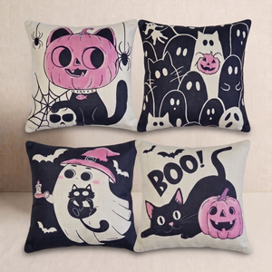 New | Pastel Pink Halloween Throw Pillow Covers 4-Pack | Cat & Ghost | 18"x18"