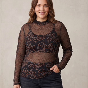 Western Rodeo Lasso Script Sheer Mesh Long Sleeve Mock Neck Layering Top 2XL