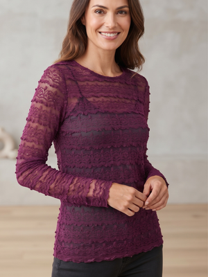 Purple Sheer Lace Long Sleeve Top - Textured Crewneck Layering Shirt Large