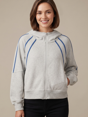 Heather Gray Blue Trim Zip-Up Hoodie - Heavy Athletic Jacket Large