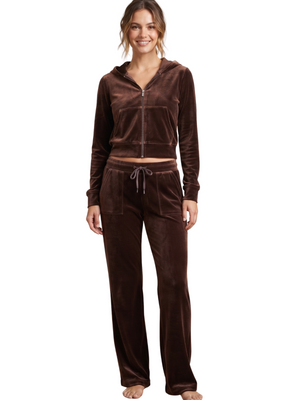 Brown Velour Zip Hoodie & Lounge Pants 2-Piece Set XL
