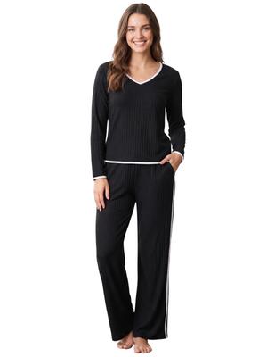 Black Ribbed 2-Piece Long-Sleeve Lounge Set - Size Medium