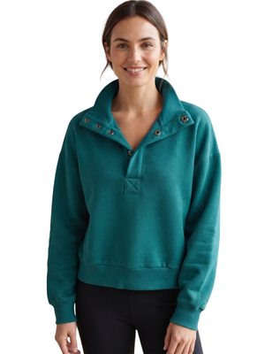 Teal Green Snap-Button Mock Neck Pullover Sweatshirt Size Small