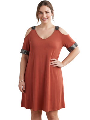 Burnt Orange Sequin Trim Cold Shoulder Open Arm Dress XXL