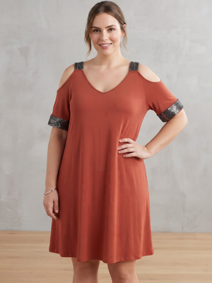 Burnt Orange Sequin Trim Cold Shoulder Open Arm Dress XXL