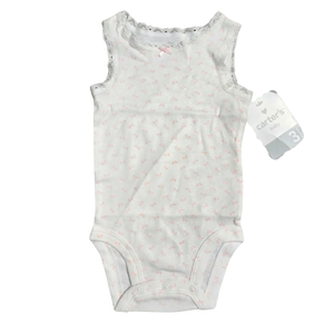 NWT | Carter's Baby Girl Bow Print Sleeveless Bodysuit | Artistic Lace Trim Motif | White & Pink | Size 3 Months
