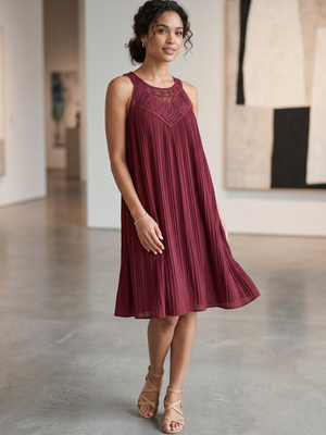 NWT Wine Red Pleated Halter Mini Dress with Crochet Lace Neckline | Small