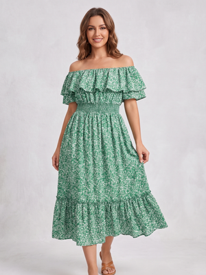 NWT | Prettywear Women's Off-the-Shoulder Ruffle Maxi Dress | Artistic Ditsy Floral Smocked Silhouette | Kelly Green | Small