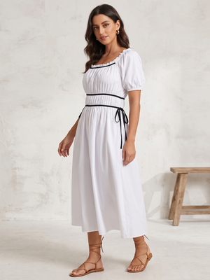 NWT | Wenrine White & Black Smocked Tie-Front Puff Sleeve Maxi Dress | Large