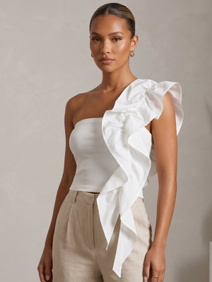 NWT | Women's One-Shoulder Ruffle Trim Top | Artistic Asymmetric Ribbed Sculpting Silhouette | Optic White | Size Large