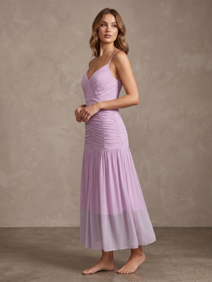 NWOT | Lavender Ruched Bodycon Midi Dress | Adjustable Spaghetti Straps | Size Medium
