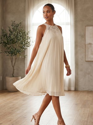 NWT | Zesica Pleated Crochet Halter Dress | Cream White | Medium