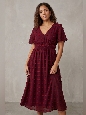 NWOT | Burgundy Red Swiss Dot V-Neck Flutter Sleeve Smocked Midi Dress | Small
