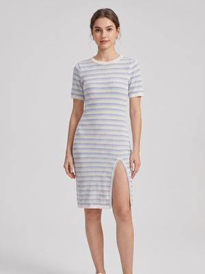 NWOT | Women's Short Sleeve Eyelet Knit Dress | Artistic Striped Front Slit Silhouette | Light Green & Blue Multi | XLarge