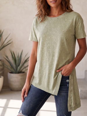 NWT | Skinnygirl Jeans Women's Asymmetrical Side Slit Short Sleeve Tee | Artistic Distressed Slub Jersey Silhouette | Army Sage Green | XS