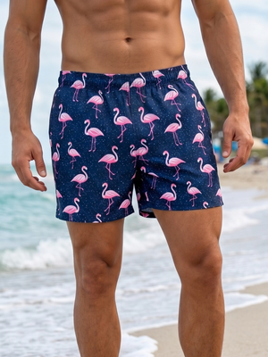 NWT | Brisira Men's Navy & Pink Flamingo Print Quick-Dry Swim Shorts | Large