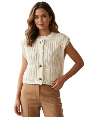 NWOT | Off White Chunky Knit Cropped Vest with Oversized Gold Buttons | Small