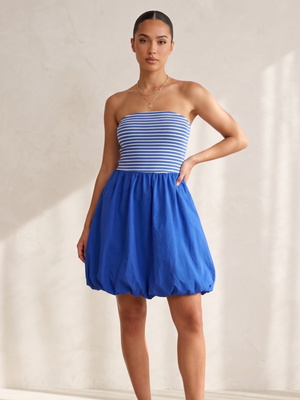 NWT | KIRUNDO Royal Blue Striped Strapless Bubble Hem Mini Dress | Large