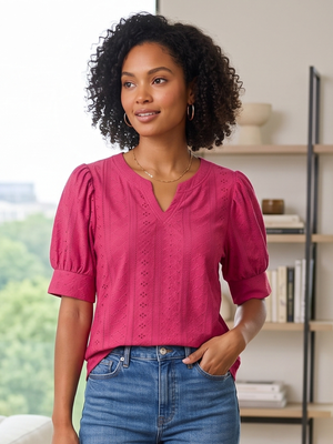 Hot Pink Eyelet Puff Sleeve Tunic XL