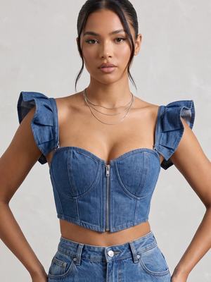 NWT Lavish by Daisy Corsets Dark Wash Denim Ruffle Underwire Corset Top | Small