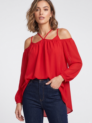 Vemvan Red Cold-Shoulder Criss-Cross Blouse | Long Balloon Sleeve | XL