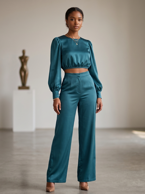 NWT | PrettyGarden Teal Satin 2-Piece Set | Lantern Sleeve Crop Top & Wide-Leg Trousers | Size Medium