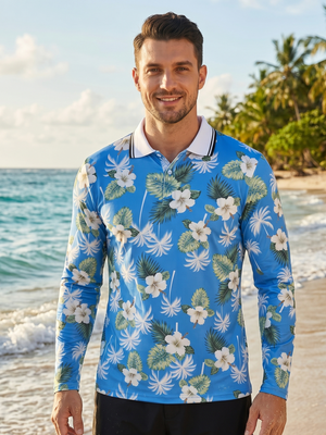 NWT | GGOV Blue & White Floral Tropical Long Sleeve Performance Polo Shirt | Large
