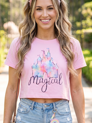 NWOT | Pink Magical Watercolor Castle Graphic Crop Top | Short Sleeve | Size M