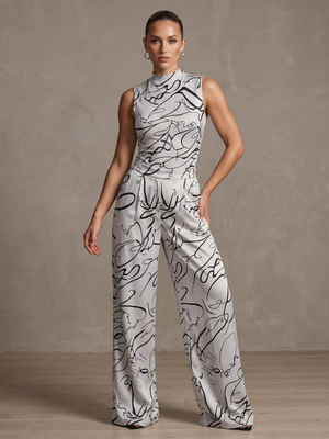 NWOT | 2-Piece Abstract Graphic Print Outfit | Mock Neck Bodysuit & Wide-Leg Trousers | White & Black | Size Large