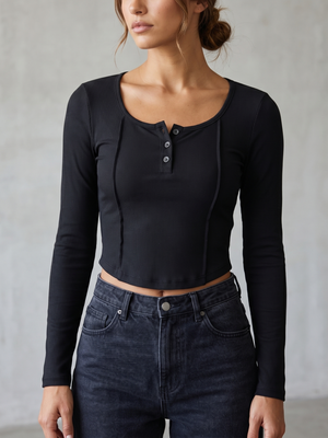 EGOCKAL Women's Ribbed Long Sleeve Henley Top | Size Large