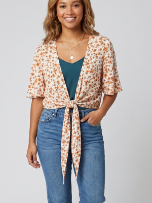 NWOT | Women's Floral Tie-Front Kimono Cardigan | Artistic Open Front Flutter Sleeve Silhouette | Harvest Gold & Blue | Size Large