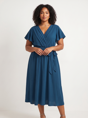 Slate Blue Faux Wrap Flutter Sleeve Maxi Dress with Belt 1XL