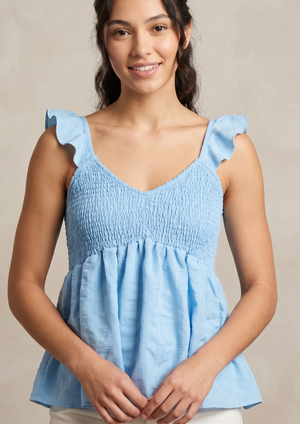 Blue Summer Smocked Ruffle V-Neck Tank Top - XXL