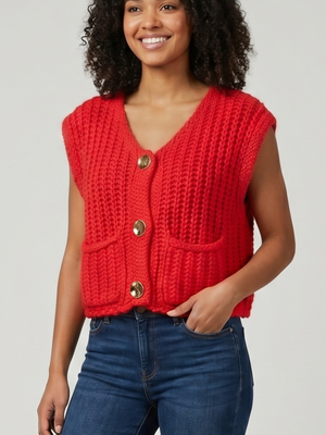 NWOT | Red Chunky Knit Button-Front Sweater Vest | Modern Preppy | Medium