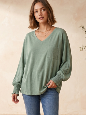 BTFBM Sage Green V-Neck Long Sleeve Top | Smocked Cuffs | XXL