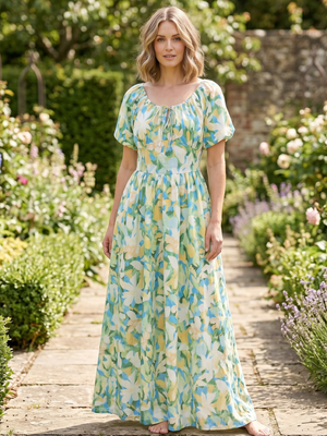 NWT | Fensace Women's Floral Puff Sleeve Maxi Dress | Artistic Botanical Garden Silhouette | Blue & Yellow | Medium