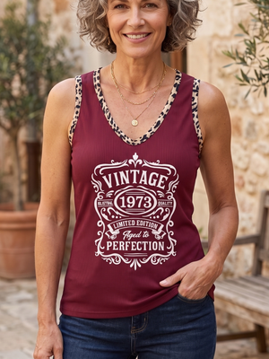NWOT | Women's Vintage 1973 Aged to Perfection Ribbed Tank | Artistic Leopard Trim Silhouette | Wine Red | XL